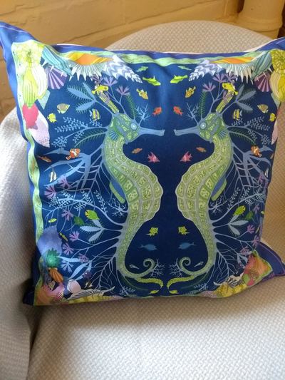 Seahorse cushion designed by Nicky Stockley. £35 or two for £60.