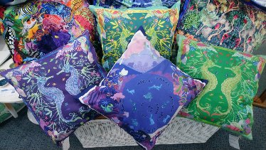 Cushions by Nicky Stockley. Medium in cotton £35 each or 2 for £60. Faux velvet large £65.