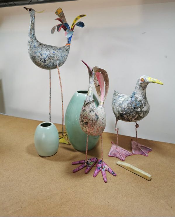 Papier mache birds by artist Diana Girdwood