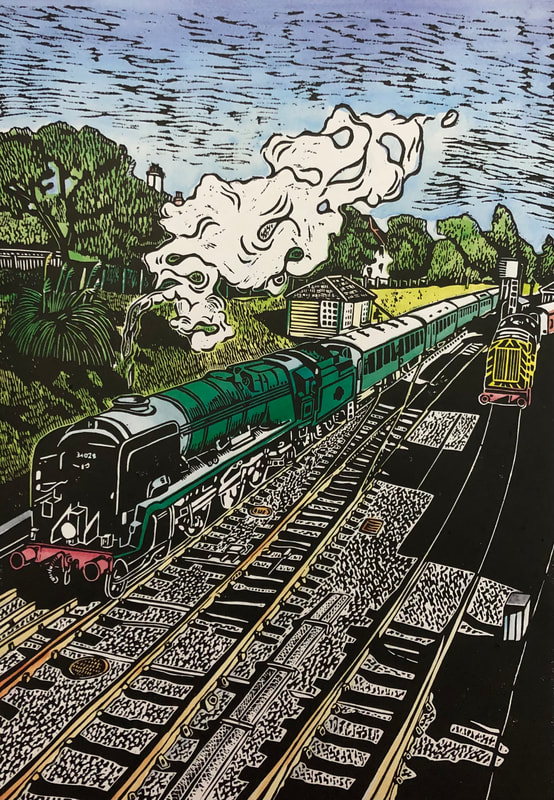 Swanage Railway station. Linocut on watercolour print by Lucy Field. £120