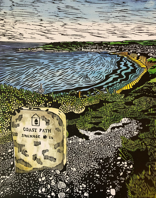 Swanage Coast Path. Linocut on watercolour print by Lucy Field. £95