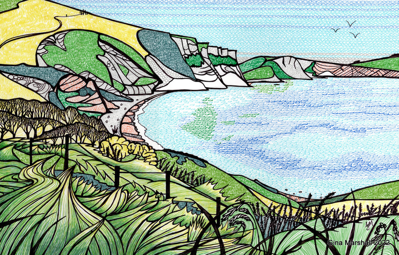 Mupe Bay, Lulworth Ranges. Original pen drawing by Gina Marshall. £355