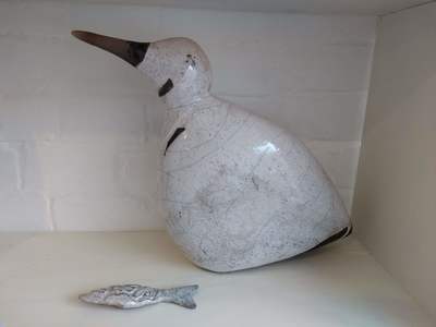 Seabird and fish raku sculpture "friends for life" by Helene Champrond. £169